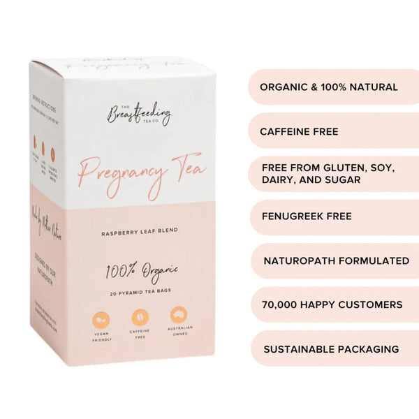 Image of a box of Pregnancy Tea - Raspberry Leaf Tea by The Breastfeeding Tea Co. Labeled "100% Organic, 20 Pyramid Tea Bags," it features icons indicating vegan, caffeine-free, and Australian-owned. Highlights include natural, gluten-free ingredients such as fenugreek and pregnancy-safe herbs. Naturopath formulated with 70,000 happy customers; sustainably packaged.