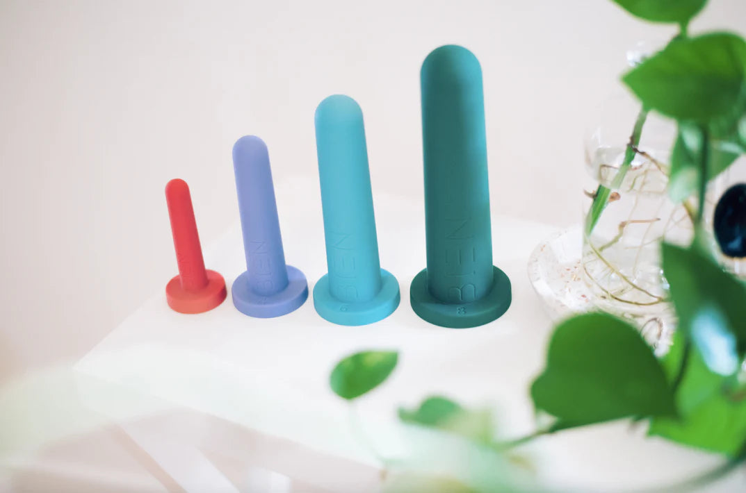 A vibrant Bien Silicone Vaginal Dilators - Progressive Set by BIEN Australia, consisting of four colorful silicone dilators arranged on a white surface, each increasing in size from left to right. Perfect for Pelvic Floor Therapy or Post-Surgery Recovery, the set is gently accented by green leaves in the foreground.