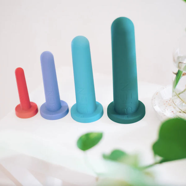 A vibrant Bien Silicone Vaginal Dilators - Progressive Set by BIEN Australia, consisting of four colorful silicone dilators arranged on a white surface, each increasing in size from left to right. Perfect for Pelvic Floor Therapy or Post-Surgery Recovery, the set is gently accented by green leaves in the foreground.