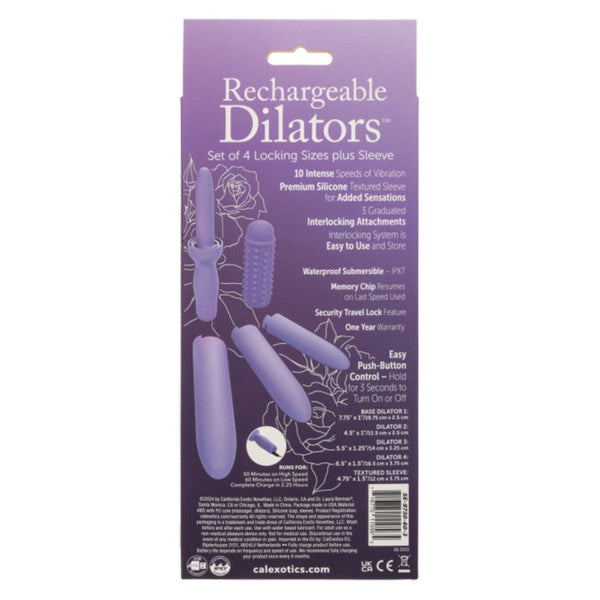 A package for the Calexotics Dr. Laura Berman® Rechargeable Vibrating Vaginal Dilator Set (4 Sizes + Sleeve) shows four purple silicone dilators and a sleeve, with features and sizes listed on a purple background above the row.