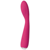 The Svakom Iris Slim Semi-Flexible G-Spot Vibrator features a pink, semi-flexible, curved design with smooth silicone and a rounded tip—ideal for precise pleasure and pelvic pain relief. Single-button control is near the base for easy use.