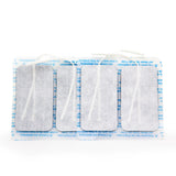 Four rectangular AllCare Electrodes with white cords are shown on a white background. The dotted pads are attached to a plastic sheet featuring blue text along the edges, ideal for TENS therapy.