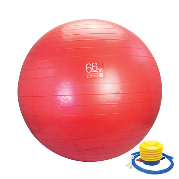 A red inflatable ball used as a seating option for back pain relief