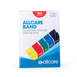 A packet of AllCare Exercise/Resistance Bands, perfect for rehabilitation and strength training. The front presents five colored bands: Light (yellow), Medium (red), Firm (green), X-Firm (blue), and XX-Firm (black). Prominently featured at the top are 