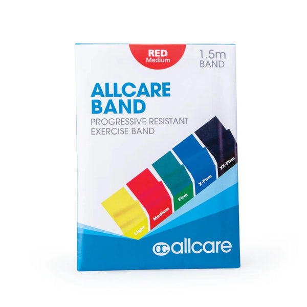 A packet of AllCare Exercise/Resistance Bands, perfect for rehabilitation and strength training. The front presents five colored bands: Light (yellow), Medium (red), Firm (green), X-Firm (blue), and XX-Firm (black). Prominently featured at the top are "1.5m Band" and "Red Medium".