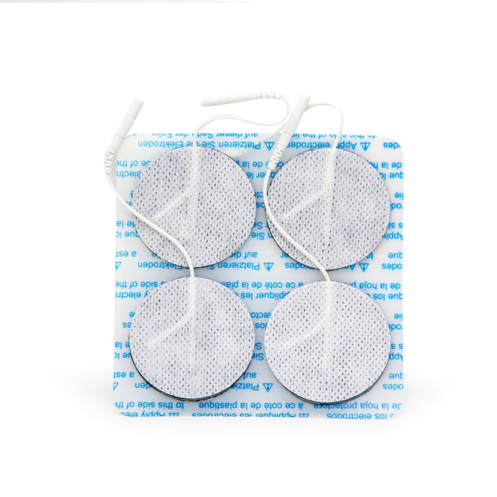The AllCare Electrodes feature a set of four circular adhesive TENS pads arranged in a square, each with a white wire. They are on a backing with blue text and are ideal for electrotherapy treatments, providing reliable connectivity and effective results.