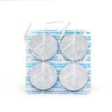 The AllCare Electrodes feature a set of four circular adhesive TENS pads arranged in a square, each with a white wire. They are on a backing with blue text and are ideal for electrotherapy treatments, providing reliable connectivity and effective results.