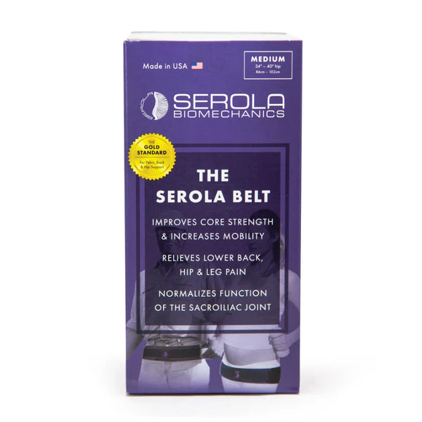 A product box for the Serola Sacroiliac Belt by Serola is shown. The purple box with white text showcases benefits like improving core strength and providing lower back pain relief. The package is labeled for medium size (34" - 40").