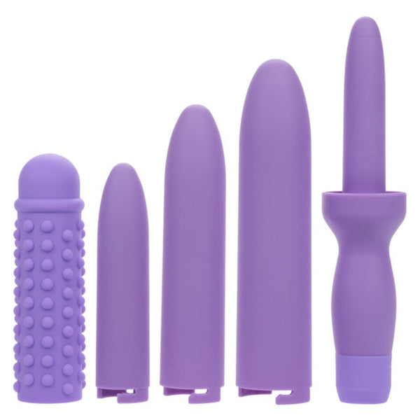 Four purple silicone attachments and a sleeve, both textured and smooth, from the Calexotics Dr. Laura Berman® Rechargeable Vibrating Vaginal Dilator Set support pelvic wellness with your personal massage device.