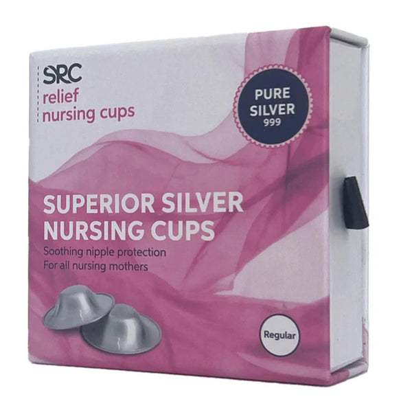 A box of SRC Silver Nursing Cups from SRC Health featuring a pink design. The text on the box reads "Superior Silver Nursing Cups, Soothing nipple protection for all nursing mothers, Pure Silver 999," promising breastfeeding comfort and natural healing. The image shows the front and side of the box displaying the product.