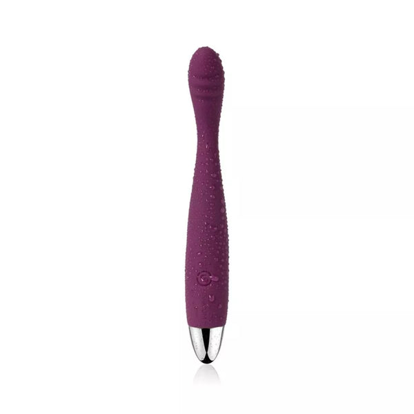The Svakom Cici Slim Flexible G-Spot Vibrator by Svakom features a purple silicone body, textured surface, rounded tip, and metallic silver base for targeted pelvic pain relief. Shown against a plain white background.