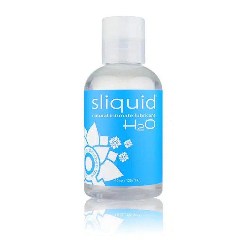 The Sliquid H2O — Classic Water-Based Lubricant 125ml by Sliquid comes in a clear plastic bottle with a white cap and blue label, is pH balanced, and perfect for sensitive skin.