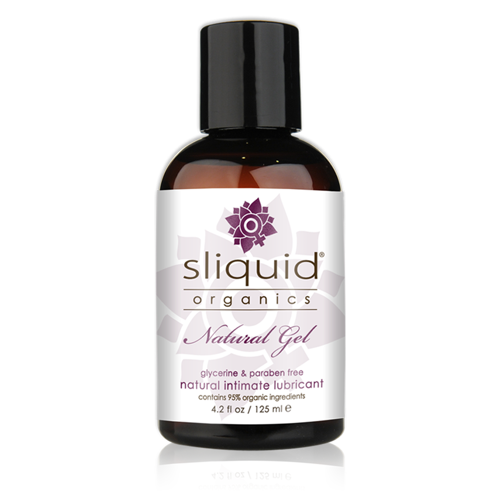 A brown bottle with a black cap labeled "Sliquid Organics Natural Gel – Thick Organic Aloe-Based Lubricant (125ml)" from Sliquid, an aloe-based, pH balanced lubricant that's 95% organic, glycerine-free, and paraben-free.
