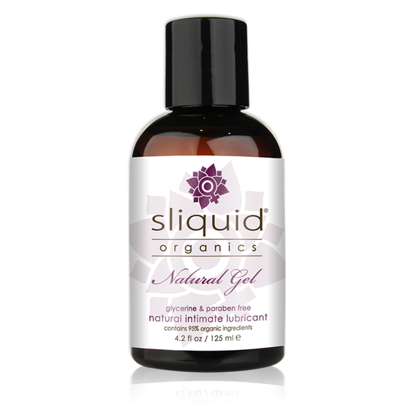 A brown bottle with a black cap labeled "Sliquid Organics Natural Gel – Thick Organic Aloe-Based Lubricant (125ml)" from Sliquid, an aloe-based, pH balanced lubricant that's 95% organic, glycerine-free, and paraben-free.