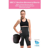 A woman wearing black SRC C-Section Recovery Shorts and a black sports bra stands against a white background. Text at the top reads, 