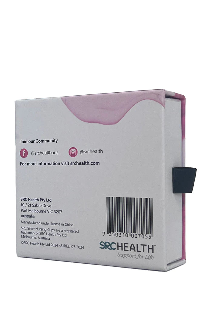 A product box with the SRC Health logo featuring the SRC Silver Nursing Cups for natural healing. It lists the website srchealth.com and social media handles (@srchealthaus and @srchealth). The box mentions it's manufactured in China, with an address in Port Melbourne, VIC, Australia. A barcode is visible.