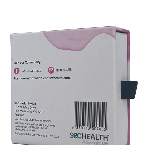 A product box with the SRC Health logo featuring the SRC Silver Nursing Cups for natural healing. It lists the website srchealth.com and social media handles (@srchealthaus and @srchealth). The box mentions it's manufactured in China, with an address in Port Melbourne, VIC, Australia. A barcode is visible.