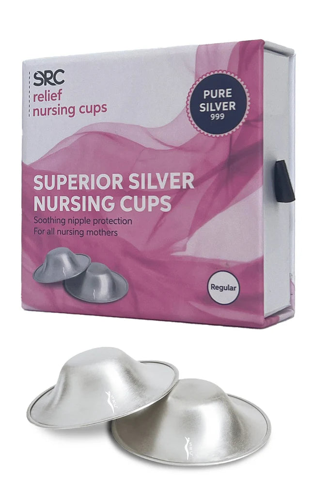An image of a box of SRC Silver Nursing Cups by SRC Health, with two silver cups displayed in front of the box. The predominantly white and pink packaging highlights features such as "Pure Silver 999" and "Soothing nipple protection for all nursing mothers," ensuring breastfeeding comfort and natural healing.