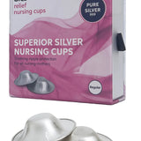An image of a box of SRC Silver Nursing Cups by SRC Health, with two silver cups displayed in front of the box. The predominantly white and pink packaging highlights features such as 