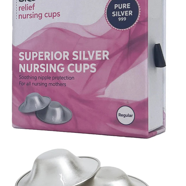 An image of a box of SRC Silver Nursing Cups by SRC Health, with two silver cups displayed in front of the box. The predominantly white and pink packaging highlights features such as "Pure Silver 999" and "Soothing nipple protection for all nursing mothers," ensuring breastfeeding comfort and natural healing.
