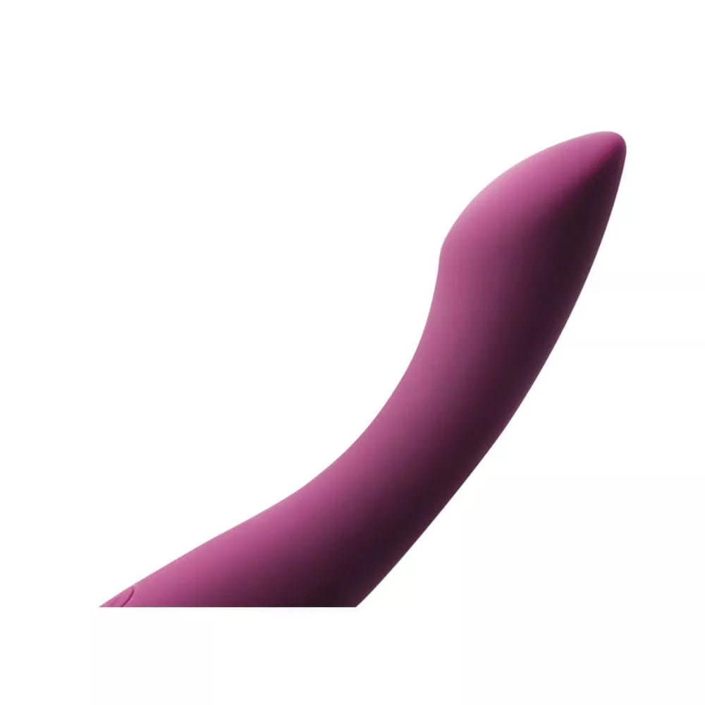 A close-up of the Svakom Amy 2, a strong, flexible G-spot vibrator by Svakom, crafted from body-safe silicone with a curved purple design, set against a white background.