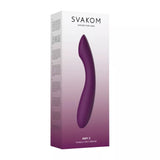 A Svakom Amy 2 – Strong Flexible G-Spot Vibrator in purple, made of body-safe silicone, is shown on gradient white-to-purple packaging with product info and Svakom branding.