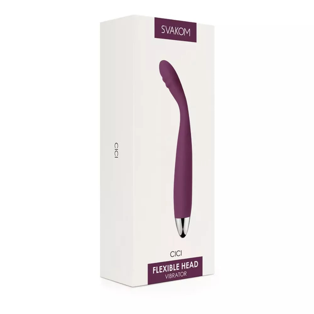 A white box featuring "Svakom" at the top and "Cici – Slim Flexible G-Spot Vibrator" below showcases a photo of the purple, curved toy on the front, emphasizing its slim and flexible design.