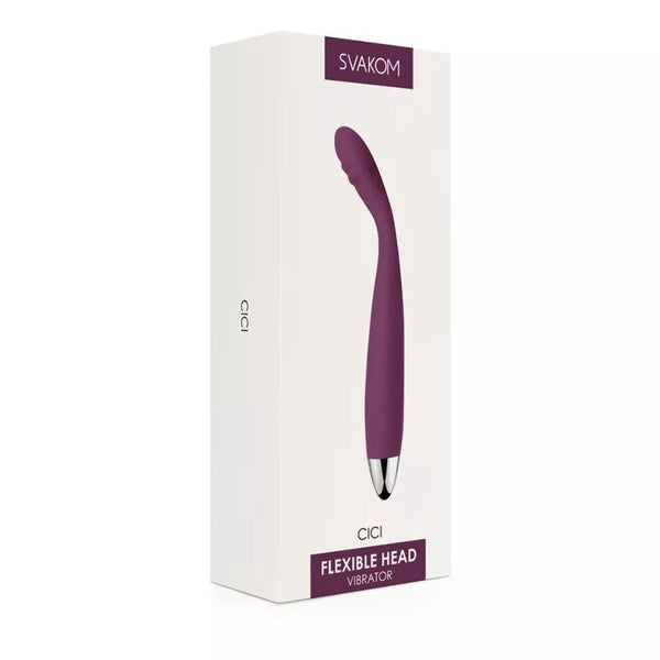 A white box featuring "Svakom" at the top and "Cici – Slim Flexible G-Spot Vibrator" below showcases a photo of the purple, curved toy on the front, emphasizing its slim and flexible design.