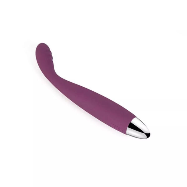 The Svakom Cici – Slim Flexible G-Spot Vibrator by Svakom features a curved purple body, body-safe silicone with a smooth finish, and a silver metallic tip, displayed on a white background.