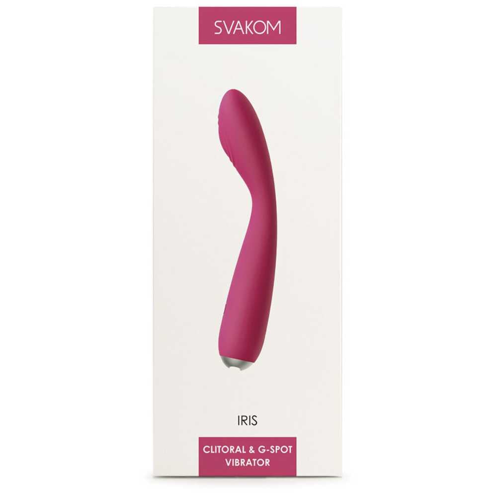 A product box featuring a pink Iris Slim Semi-Flexible G-Spot Vibrator by Svakom, labeled "Clitoral & G-Spot Vibrator"—designed for comfort and ideal for those managing pelvic pain or endometriosis.