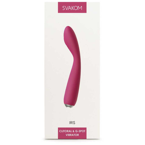 A product box featuring a pink Iris Slim Semi-Flexible G-Spot Vibrator by Svakom, labeled "Clitoral & G-Spot Vibrator"—designed for comfort and ideal for those managing pelvic pain or endometriosis.