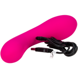 Introducing The Swan Wand by Swan: a vibrant pink, curved personal massager specifically designed for G-spot stimulation with a smooth surface. This phthalate-free vibrator includes a sleek black USB charging cable adorned with an elegant white tag, all set against a pristine white background.