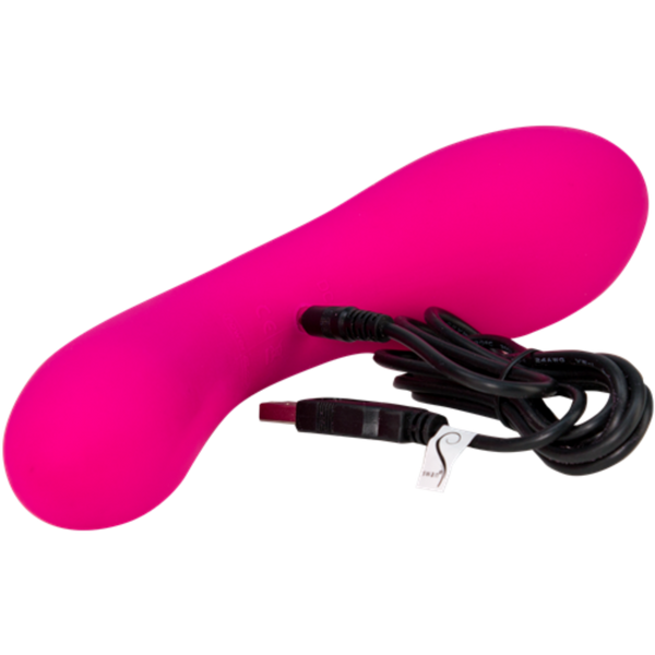 Introducing The Swan Wand by Swan: a vibrant pink, curved personal massager specifically designed for G-spot stimulation with a smooth surface. This phthalate-free vibrator includes a sleek black USB charging cable adorned with an elegant white tag, all set against a pristine white background.
