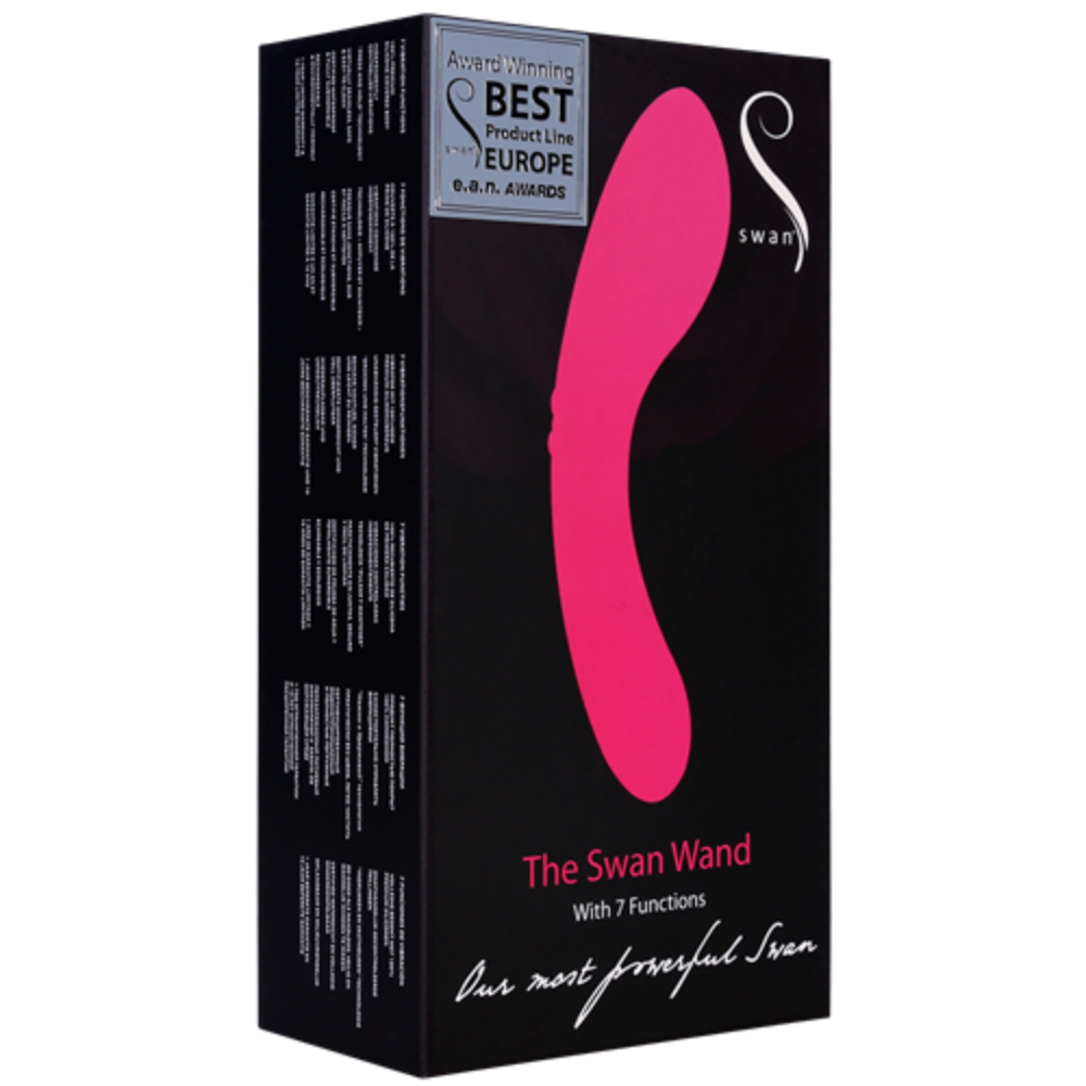 The image showcases the packaging for Swan's "The Swan Wand" sex toy. The predominantly black box features pink and white text, including a large pink silhouette of the waterproof vibrator. It highlights key details such as "Award Winning Best Product Line in Europe," touts "7 Functions," and emphasizes it as "Our most powerful Swan.