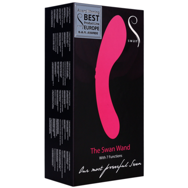 The image showcases the packaging for Swan's "The Swan Wand" sex toy. The predominantly black box features pink and white text, including a large pink silhouette of the waterproof vibrator. It highlights key details such as "Award Winning Best Product Line in Europe," touts "7 Functions," and emphasizes it as "Our most powerful Swan.