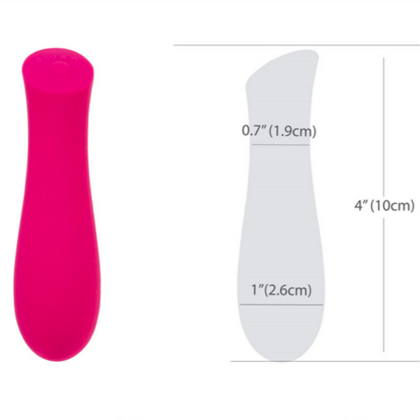 Image of The Mini Swan Rose by Amielle, a pink, curved, cylindrical object made from 100% seamless silicone, next to a diagram with its dimensions. The Mini Swan Rose is 4 inches (10 cm) long with the widest part measuring 1 inch (2.6 cm) and the narrower end measuring 0.7 inches (1.9 cm). It features a smooth surface and rounded edges.