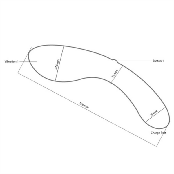 Diagram of The Mini Swan Wand by Swan, showcasing its curved design and ergonomic shape. This waterproof wand vibrator measures 175 mm in length, with labeled dimensions of 27.5 mm and 15 mm in width across different sections. It features two buttons, a vibration area, and a charge port for versatile control options.