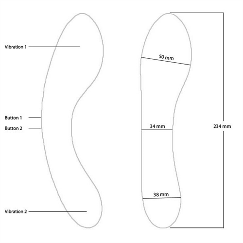 A diagram of The Swan Wand by Swan showing its dimensions and features. The overall length is 234 mm, with widths at 50 mm, 34 mm, and 38 mm. It has two buttons labeled Button 1 and Button 2, as well as two vibration points labeled Vibration 1 and Vibration 2.