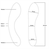 A diagram of The Swan Wand by Swan showing its dimensions and features. The overall length is 234 mm, with widths at 50 mm, 34 mm, and 38 mm. It has two buttons labeled Button 1 and Button 2, as well as two vibration points labeled Vibration 1 and Vibration 2.