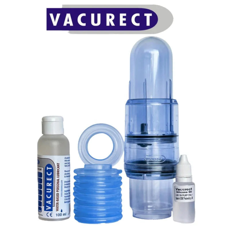 The Vacurect Australia | Medical Grade Vacuum Erection Device OTC 10 by Vacurect is a kit for erectile dysfunction and rehabilitation, featuring a blue transparent pump cylinder, tension rings, silicone oil, ring loader, lubricant, and the Vacurect logo above the items.