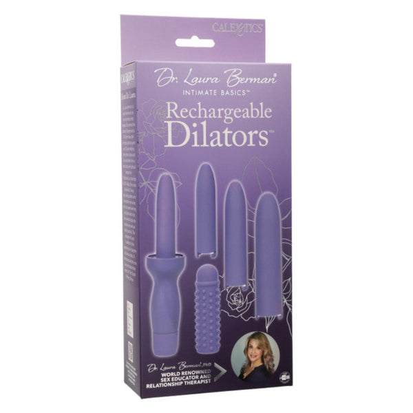 A purple Calexotics box displays the Dr. Laura Berman® Rechargeable Vibrating Vaginal Dilator Set (4 Sizes + Sleeve) with four silicone dilators, sleeve, branding, product name, and Dr. Laura Berman's photo on the front.