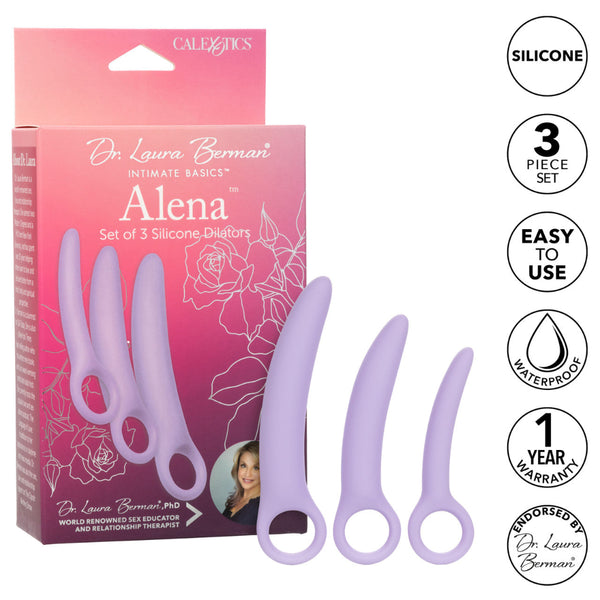 A box labeled "Dr. Laura Berman® Alena™ Set of 3 Silicone Vaginal Dilators - Small Set" by Calexotics sits next to three purple, beginner-friendly silicone dilators in different sizes. Icons show they’re easy to use, waterproof, and aid pelvic floor rehab.