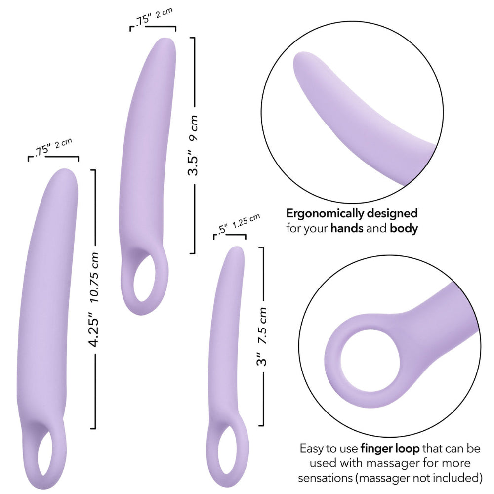The Dr. Laura Berman® Alena™ Set of 3 Silicone Vaginal Dilators by Calexotics features pastel purple, ergonomic dilators with finger loops in various sizes—ideal for pelvic floor rehab and beginner-friendly use. Measurement labels and descriptive text highlight key features.