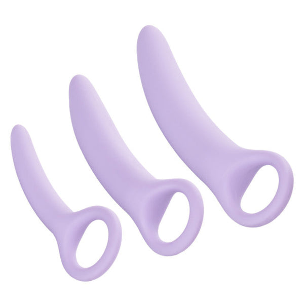 The Dr. Laura Berman® Alena™ Set of 3 Silicone Vaginal Dilators by Calexotics features light purple, beginner-friendly dilators in small sizes with smooth, tapered shapes and round handles for pelvic floor rehabilitation.