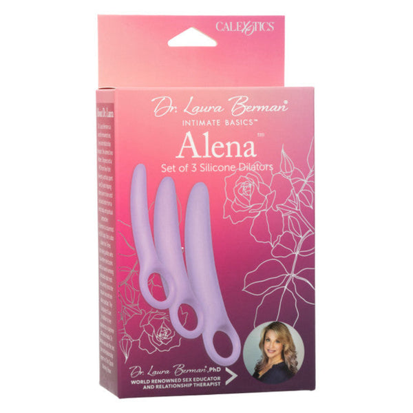 A pink and purple box labeled "Dr. Laura Berman® Alena™ Set of 3 Silicone Vaginal Dilators - Small Set" by Calexotics contains three lavender dilators for pelvic floor rehab, with Dr. Laura Berman's photo on the packaging.