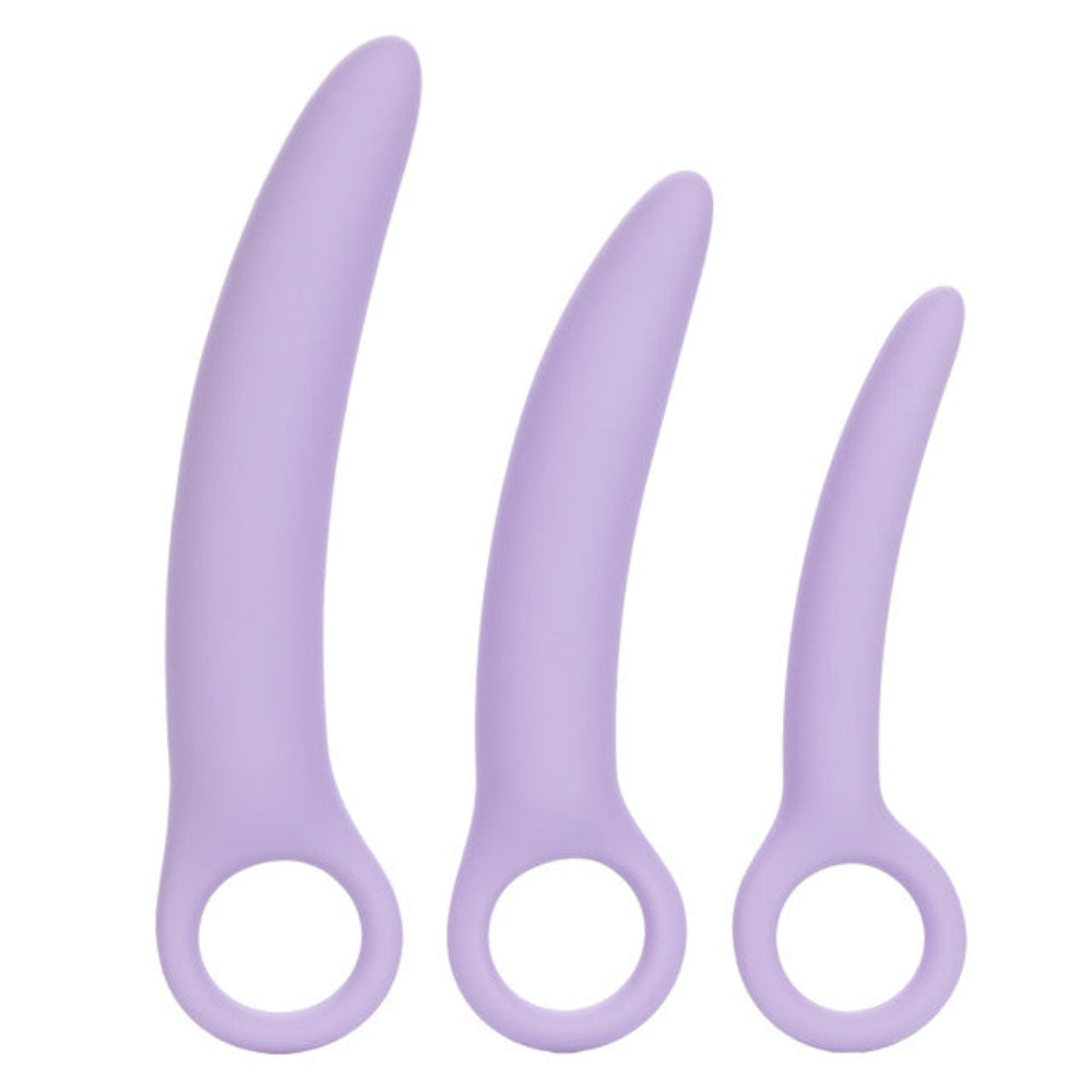 The Dr. Laura Berman® Alena™ Set of 3 Silicone Vaginal Dilators by Calexotics features three lavender dilators with rounded tips and circular handles, arranged side by side—perfect for pelvic floor rehabilitation and beginner use.