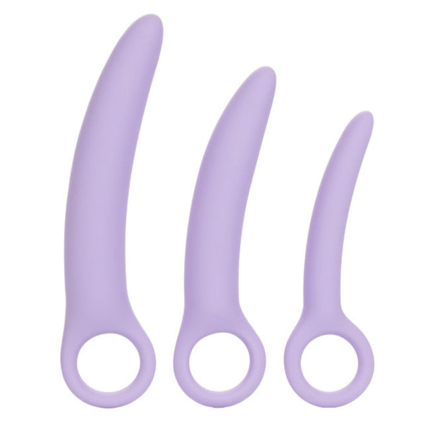 The Dr. Laura Berman® Alena™ Set of 3 Silicone Vaginal Dilators by Calexotics features three lavender dilators with rounded tips and circular handles, arranged side by side—perfect for pelvic floor rehabilitation and beginner use.