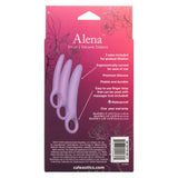 The image shows the back of the Dr. Laura Berman® Alena™ Set of 3 Silicone Vaginal Dilators - Small Set by Calexotics, with features, sizes, and warranty listed on a pink and purple floral background. Suitable for pelvic floor rehabilitation.