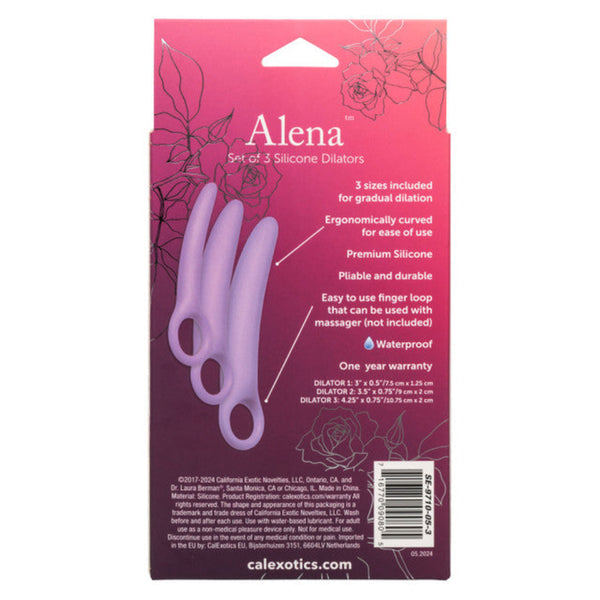 The image shows the back of the Dr. Laura Berman® Alena™ Set of 3 Silicone Vaginal Dilators - Small Set by Calexotics, with features, sizes, and warranty listed on a pink and purple floral background. Suitable for pelvic floor rehabilitation.