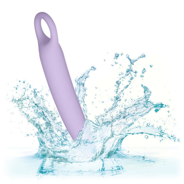 The Calexotics Dr. Laura Berman® Alena™ Set of 3 Silicone Vaginal Dilators (Small Set) features lavender, beginner-friendly designs with looped handles, splashing into blue water—ideal for pelvic floor rehabilitation.